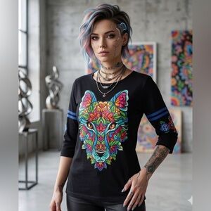 Ay Guey Colorful Vibrant Wolf Graphic Top Size M Artsy Floral Hippie Psychedelic